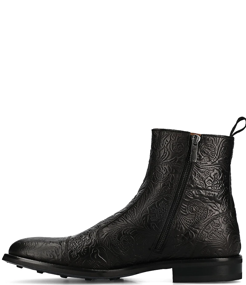 Taft Lewis Floral Embossed Leather Side Zipper Boots