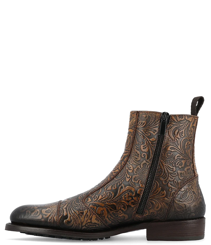 Taft Lewis Floral Embossed Leather Side Zipper Boots
