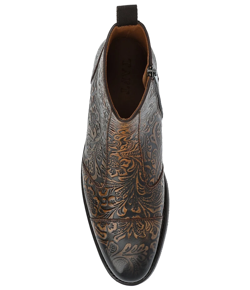 Taft Lewis Floral Embossed Leather Side Zipper Boots