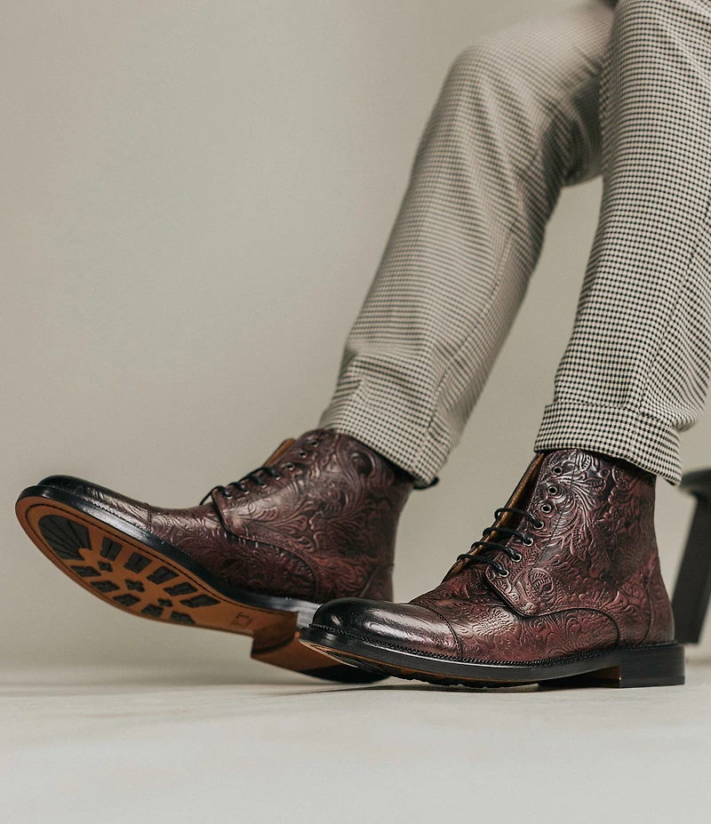 Taft Men's Rome Floral Embossed Leather Cap Toe Boots