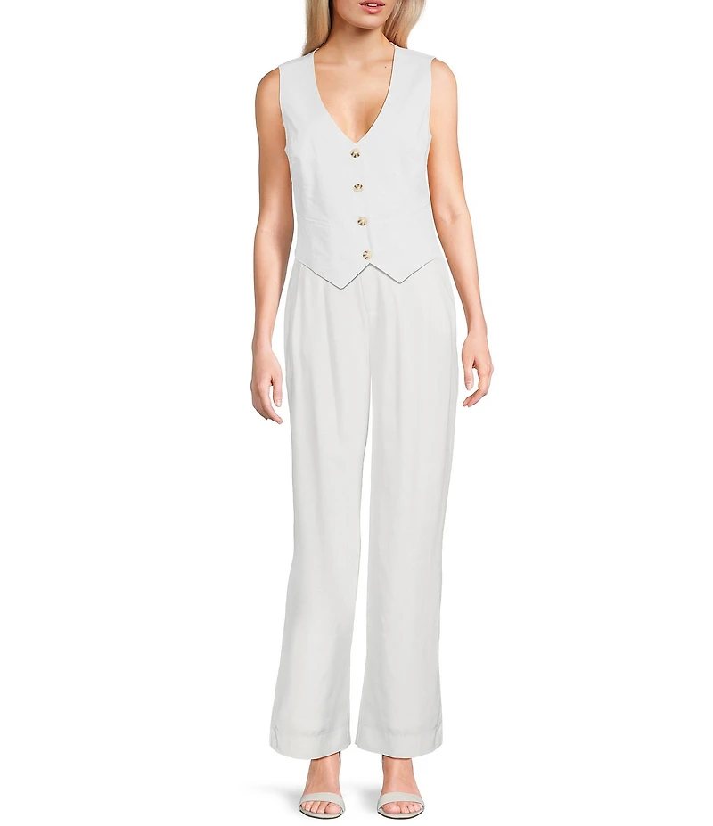 Takara Pleat-Front Wide-Leg Linen-Blend Coordinating Pants