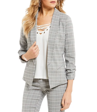 Takara Ruched-Sleeve Coordinating Menswear Suit Separates Plaid Blazer