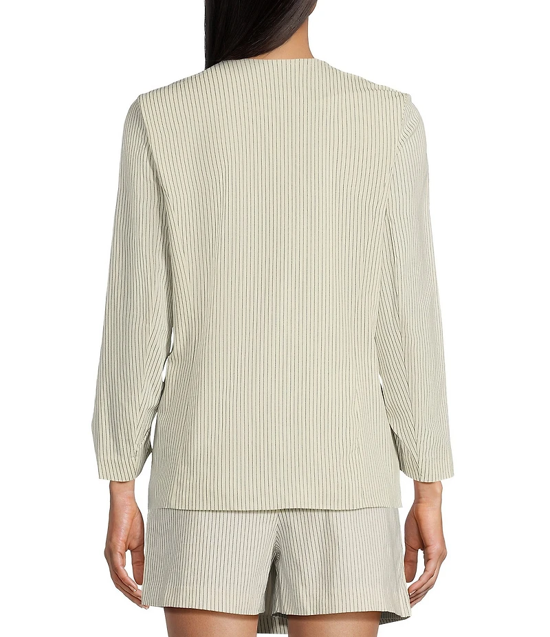 Takara Striped Notch Collar 3/4 Sleeve Shirred Blazer Jacket