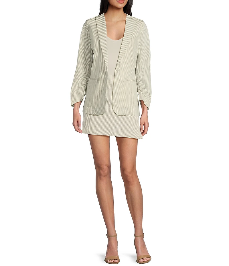 Takara Striped Notch Collar 3/4 Sleeve Shirred Blazer Jacket