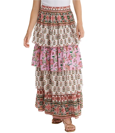 Talisman Ariel Strawberry Print Tiered Ruffle Midi Skirt
