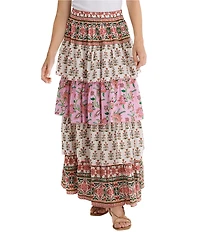 Talisman Ariel Strawberry Print Tiered Ruffle Midi Skirt