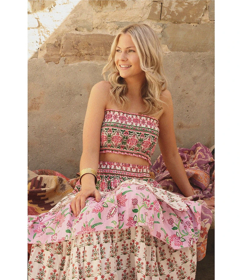 Talisman Ariel Strawberry Print Tiered Ruffle Midi Skirt