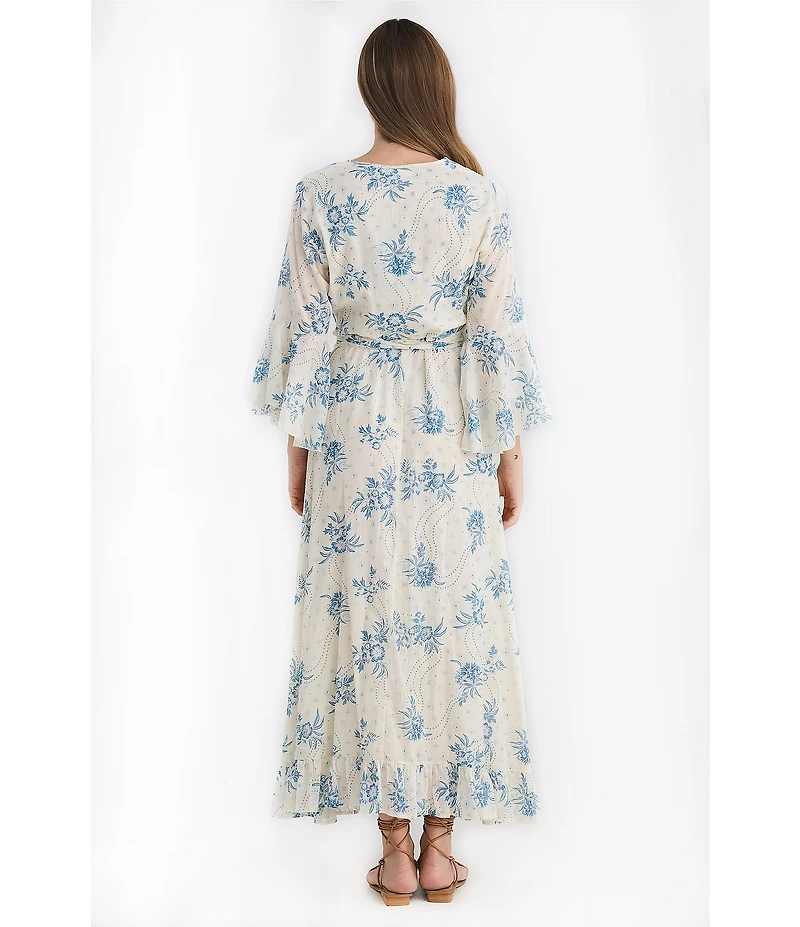 Talisman Carly Bluebell Woven Floral Print V-Neck 3/4 Bell Sleeve Wrap Maxi Dress