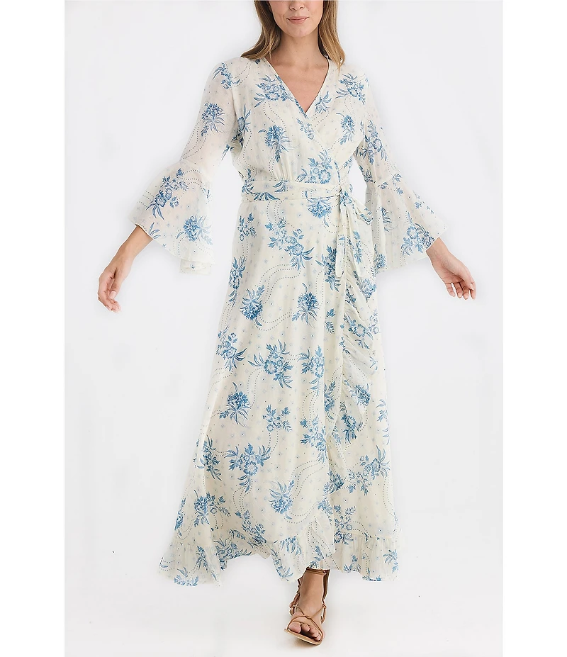 Talisman Carly Bluebell Woven Floral Print V-Neck 3/4 Bell Sleeve Wrap Maxi Dress
