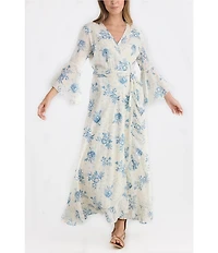 Talisman Carly Bluebell Woven Floral Print V-Neck 3/4 Bell Sleeve Wrap Maxi Dress