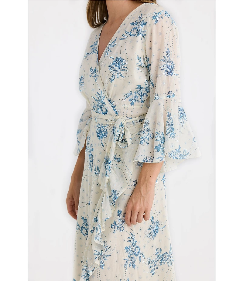 Talisman Carly Bluebell Woven Floral Print V-Neck 3/4 Bell Sleeve Wrap Maxi Dress