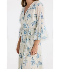 Talisman Carly Bluebell Woven Floral Print V-Neck 3/4 Bell Sleeve Wrap Maxi Dress