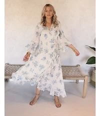 Talisman Carly Bluebell Woven Floral Print V-Neck 3/4 Bell Sleeve Wrap Maxi Dress