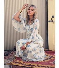 Talisman Carly Bluebell Woven Floral Print V-Neck 3/4 Bell Sleeve Wrap Maxi Dress