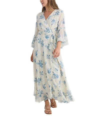Talisman Carly Bluebell Woven Floral Print V-Neck 3/4 Bell Sleeve Wrap Maxi Dress