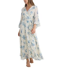 Talisman Carly Bluebell Woven Floral Print V-Neck 3/4 Bell Sleeve Wrap Maxi Dress
