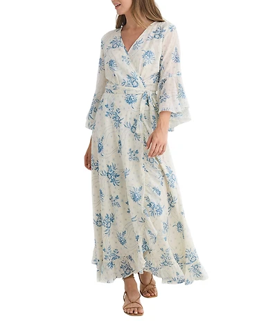 Talisman Carly Bluebell Woven Floral Print V-Neck 3/4 Bell Sleeve Wrap Maxi Dress