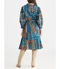 Talisman Castella Patchwork Button Down Collar Long Sleeve Belted Blouson Midi Dress