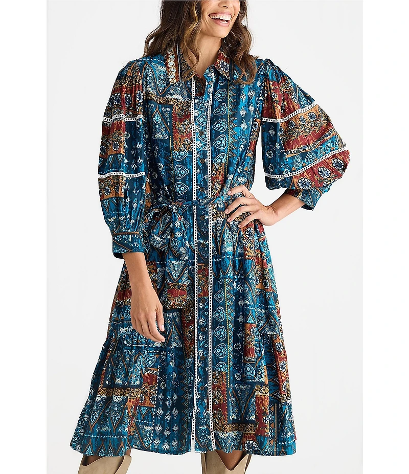 Talisman Castella Patchwork Button Down Collar Long Sleeve Belted Blouson Midi Dress