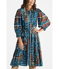 Talisman Castella Patchwork Button Down Collar Long Sleeve Belted Blouson Midi Dress
