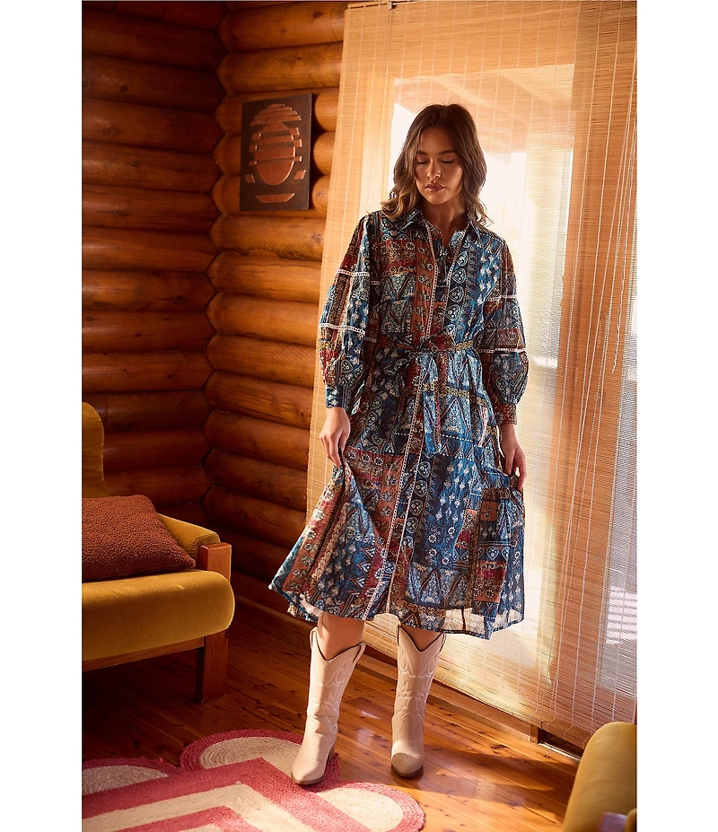 Talisman Castella Patchwork Button Down Collar Long Sleeve Belted Blouson Midi Dress
