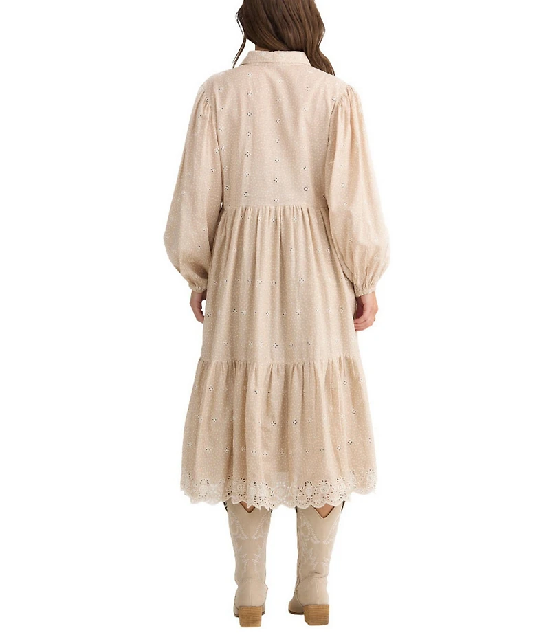 Talisman Garden Party Embroidered Eyelet Shirt Collar Long Sleeve Blouson Midi Dress