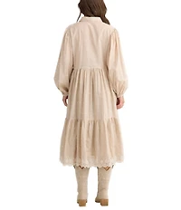 Talisman Garden Party Embroidered Eyelet Shirt Collar Long Sleeve Blouson Midi Dress