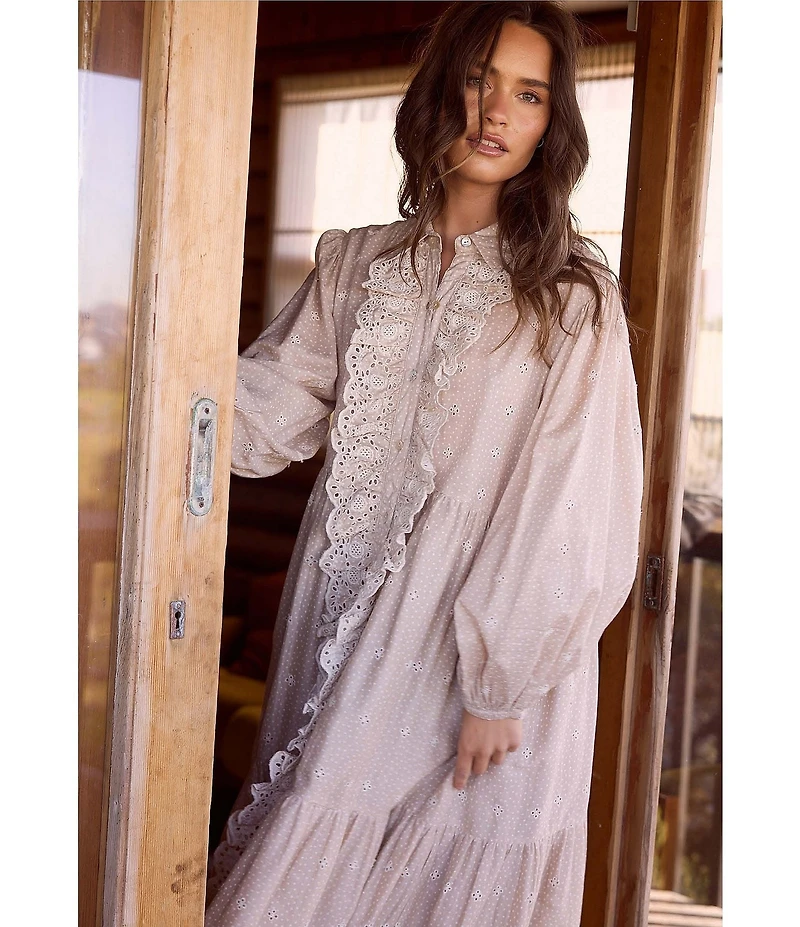 Talisman Garden Party Embroidered Eyelet Shirt Collar Long Sleeve Blouson Midi Dress