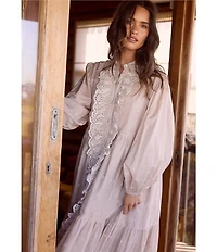 Talisman Garden Party Embroidered Eyelet Shirt Collar Long Sleeve Blouson Midi Dress