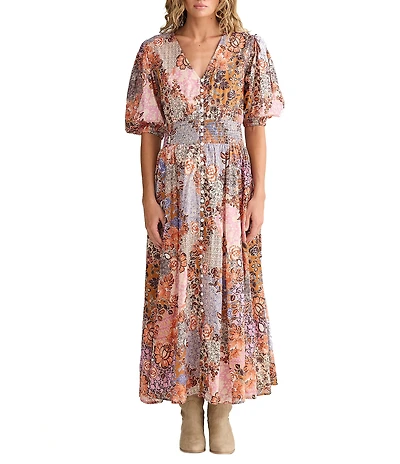 Talisman Halo Voile Print V-Neck Short Sleeve Maxi A-Line Dress