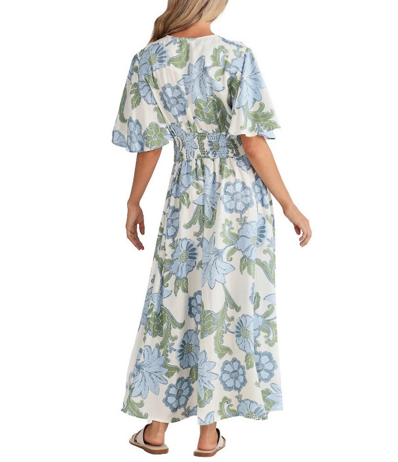 Talisman Ibiza Floral Print Linen Blend V-Neck Short Sleeve Maxi Dress