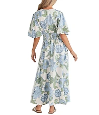 Talisman Ibiza Floral Print Linen Blend V-Neck Short Sleeve Maxi Dress