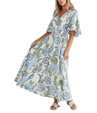 Talisman Ibiza Floral Print Linen Blend V-Neck Short Sleeve Maxi Dress