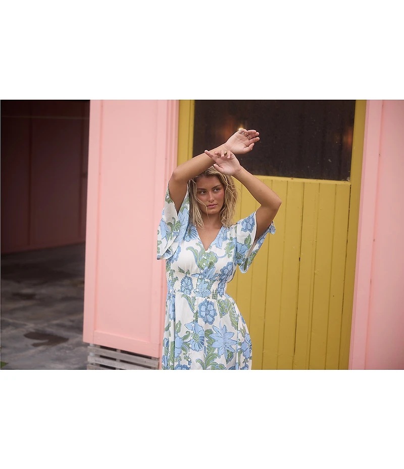 Talisman Ibiza Floral Print Linen Blend V-Neck Short Sleeve Maxi Dress