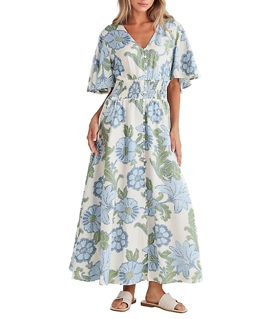 Talisman Ibiza Floral Print Linen Blend V-Neck Short Sleeve Maxi Dress