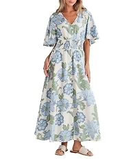Talisman Ibiza Floral Print Linen Blend V-Neck Short Sleeve Maxi Dress