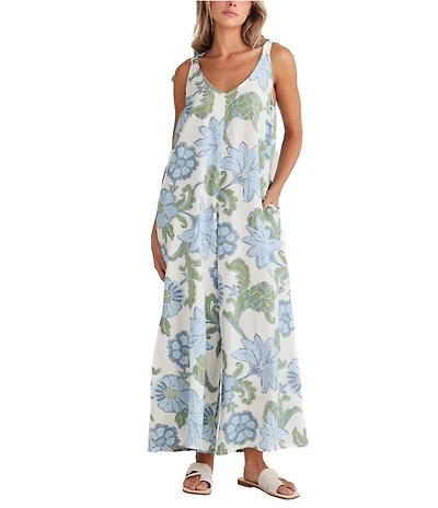 Talisman Ibiza Floral Print Scoop Neck Tie Shoulder Jumpsuit