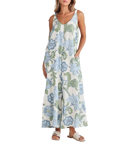 Talisman Ibiza Floral Print Scoop Neck Tie Shoulder Jumpsuit