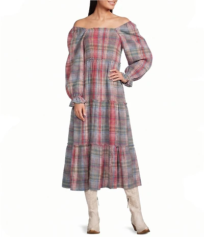 Talisman Savannah Woven Plaid Off-The=Shoulder 3/4 Sleeve A-Line Midi Dress