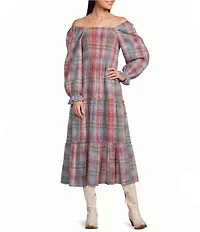 Talisman Savannah Woven Plaid Off-The=Shoulder 3/4 Sleeve A-Line Midi Dress