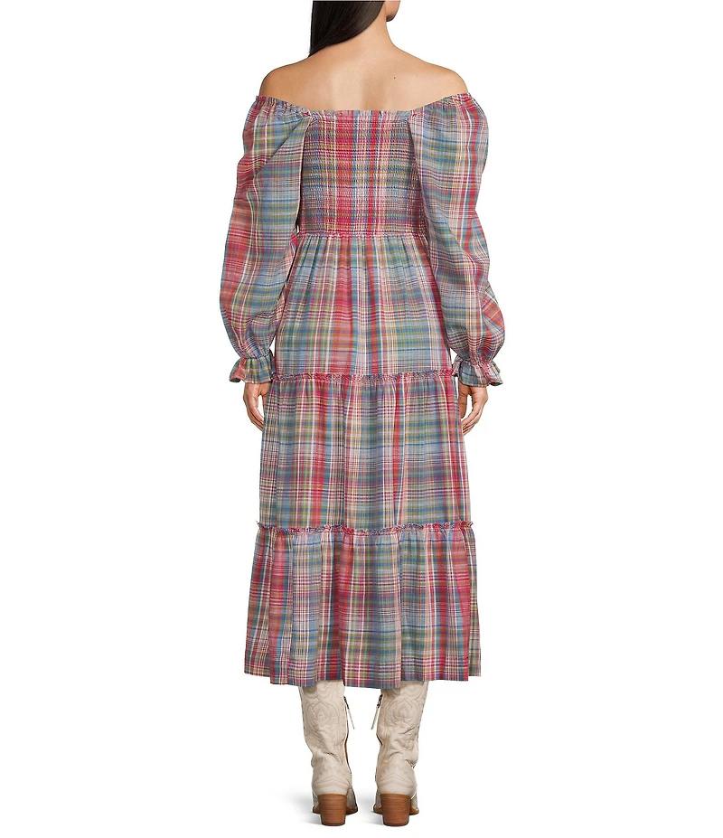 Talisman Savannah Woven Plaid Off-The=Shoulder 3/4 Sleeve A-Line Midi Dress
