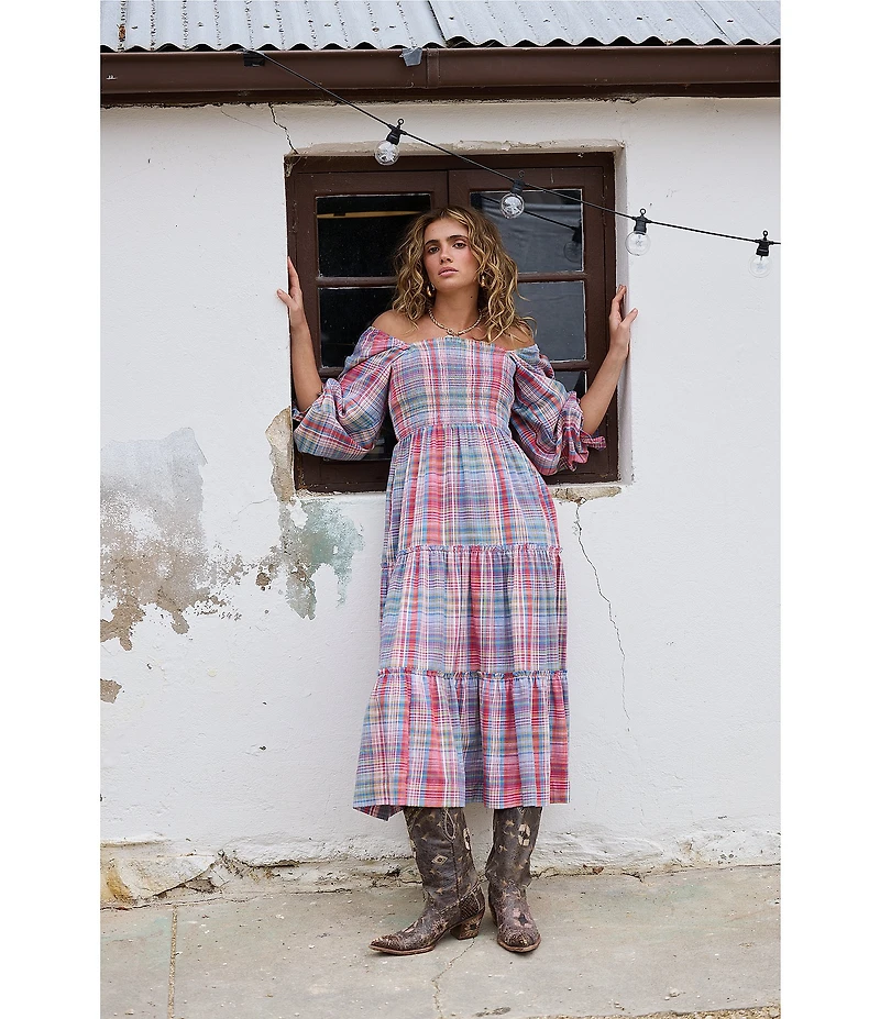 Talisman Savannah Woven Plaid Off-The=Shoulder 3/4 Sleeve A-Line Midi Dress