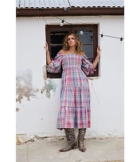 Talisman Savannah Woven Plaid Off-The=Shoulder 3/4 Sleeve A-Line Midi Dress