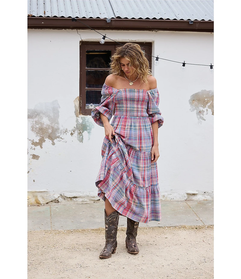 Talisman Savannah Woven Plaid Off-The=Shoulder 3/4 Sleeve A-Line Midi Dress