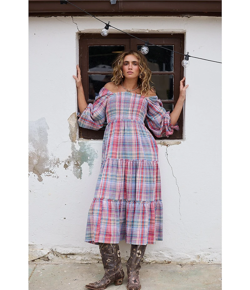 Talisman Savannah Woven Plaid Off-The=Shoulder 3/4 Sleeve A-Line Midi Dress