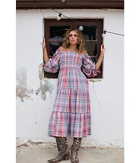 Talisman Savannah Woven Plaid Off-The=Shoulder 3/4 Sleeve A-Line Midi Dress