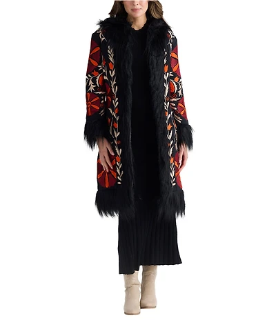Talisman Sebra Round Neck Long Sleeve Embroidered Long Coat