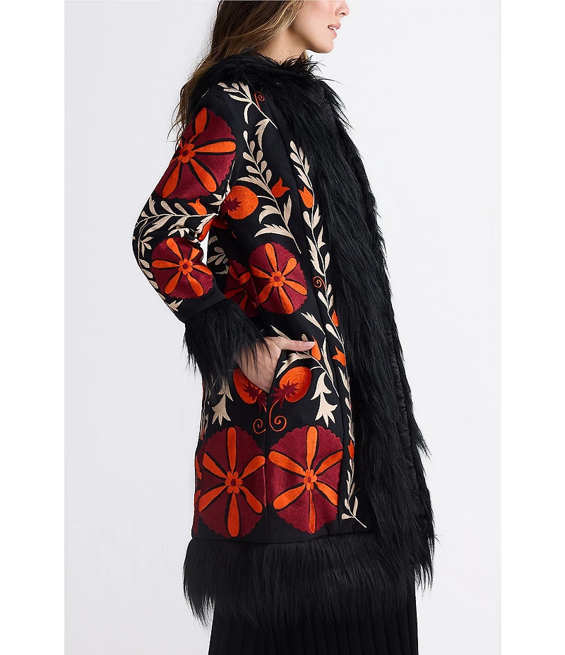 Talisman Sebra Round Neck Long Sleeve Embroidered Long Coat
