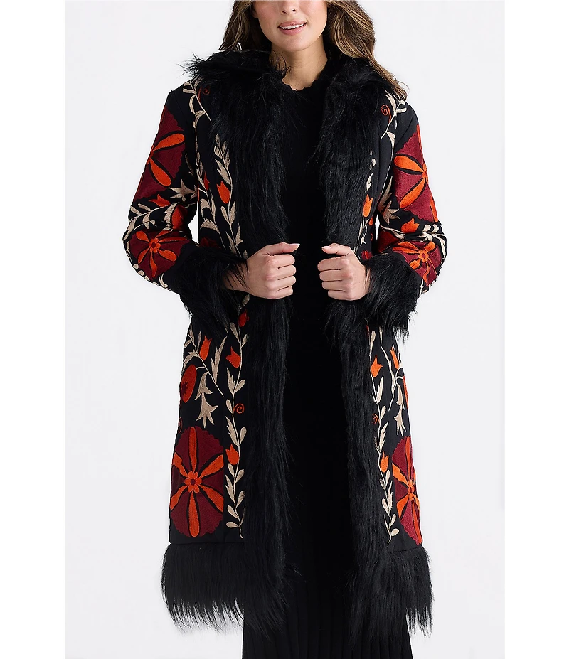 Talisman Sebra Round Neck Long Sleeve Embroidered Long Coat