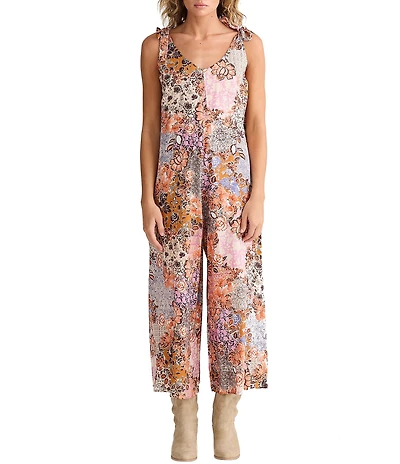 Talisman Temple Abstract Print Scoop Neck Tie Strap Wide Leg Jumpsuit